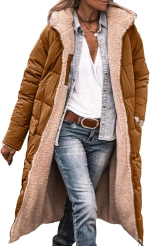 Womens Sherpa Fleece Lined Long Jackets Shearling Reversible Overcoats Winter Puffer Coats Hood Zip Outerwears
