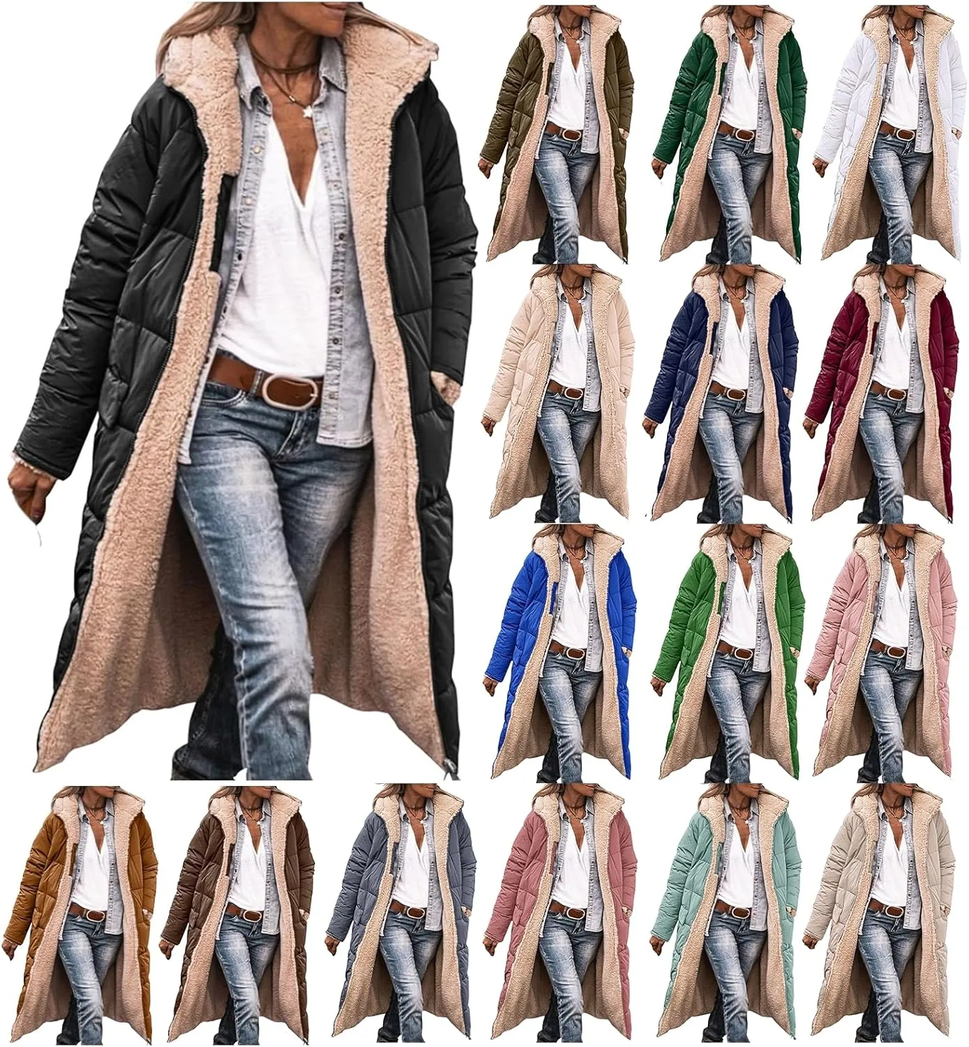 Womens Sherpa Fleece Lined Long Jackets Shearling Reversible Overcoats Winter Puffer Coats Hood Zip Outerwears
