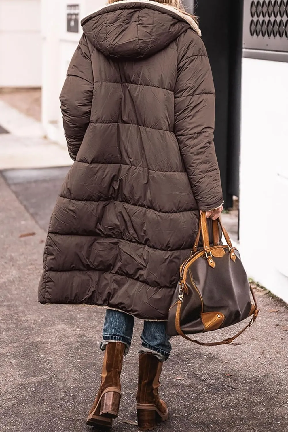 Womens Sherpa Fleece Lined Long Jackets Shearling Reversible Overcoats Winter Puffer Coats Hood Zip Outerwears