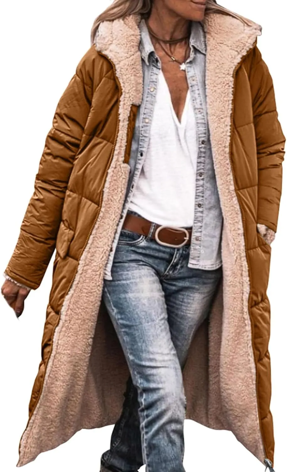 Womens Sherpa Fleece Lined Long Jackets Shearling Reversible Overcoats Winter Puffer Coats Hood Zip Outerwears