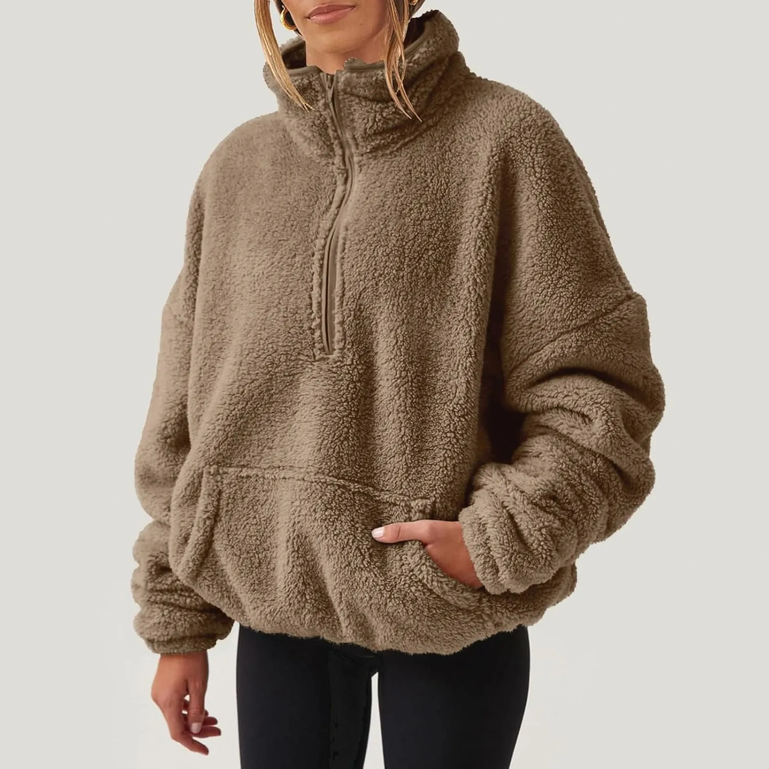 Womens Sherpa Half Zip Sweatshirts Oversized Pullover Long Sleeve Quarter Zip Up Hoodies Fuzzy Fleece Sweaters