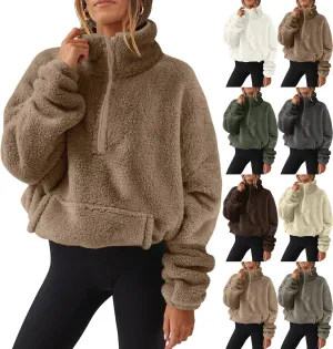 Womens Sherpa Half Zip Sweatshirts Oversized Pullover Long Sleeve Quarter Zip Up Hoodies Fuzzy Fleece Sweaters
