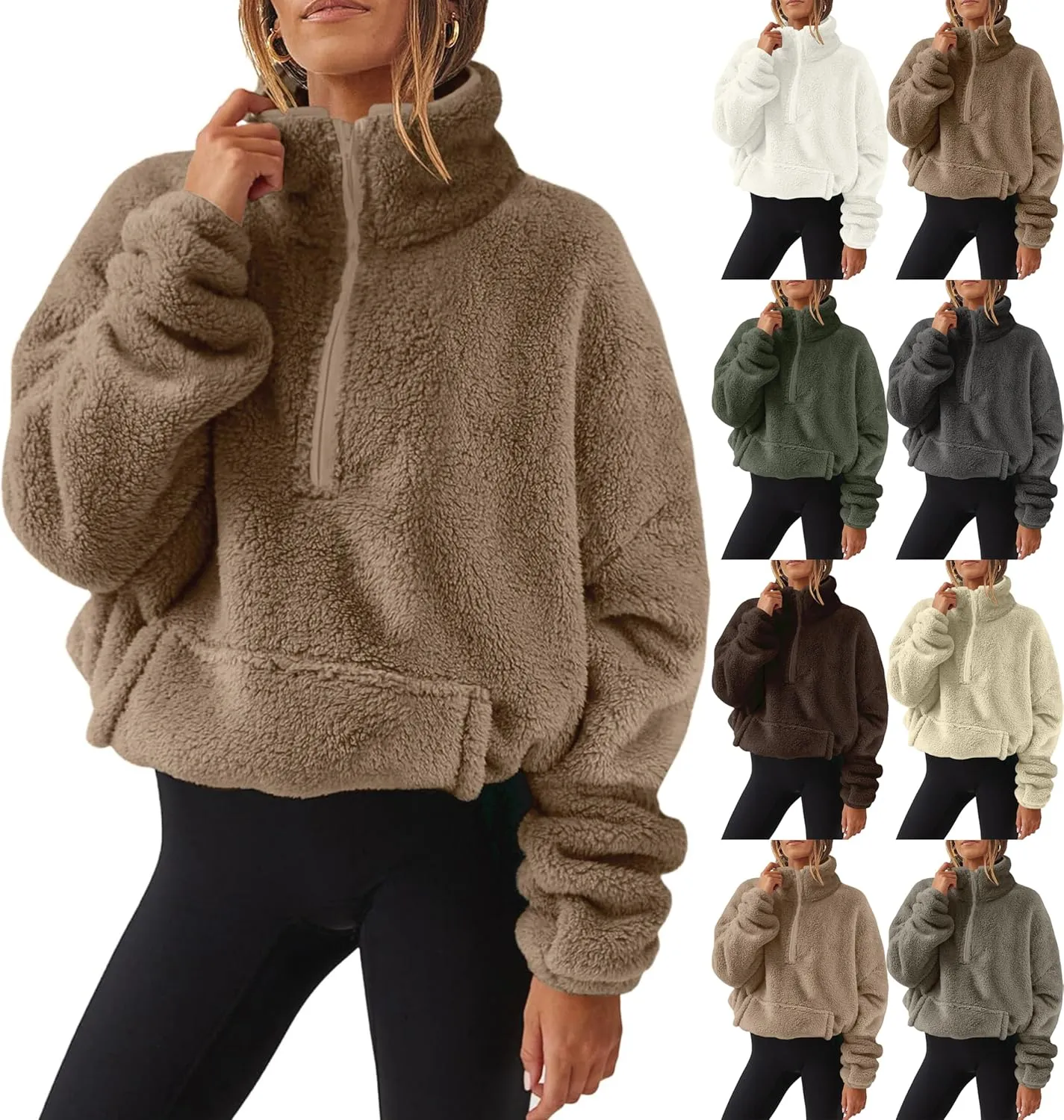 Womens Sherpa Half Zip Sweatshirts Oversized Pullover Long Sleeve Quarter Zip Up Hoodies Fuzzy Fleece Sweaters