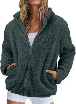 Womens Sherpa Jacket Winter Warm Fleece Zip Up Jacket Lightweight Long Sleeve Sweatshirts Casual Stand Collar Coats