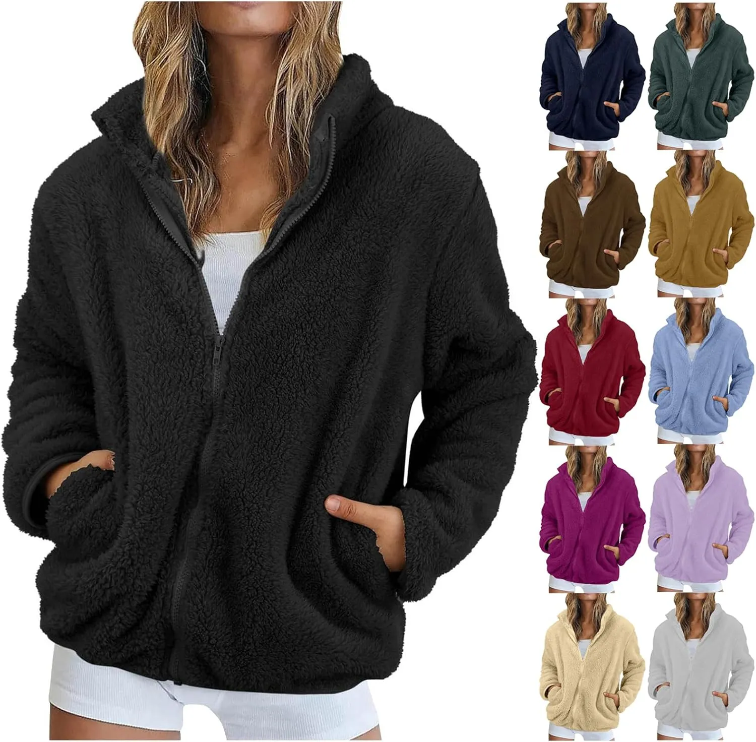 Womens Sherpa Jacket Winter Warm Fleece Zip Up Jacket Lightweight Long Sleeve Sweatshirts Casual Stand Collar Coats