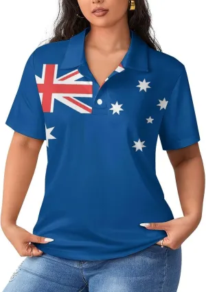 Women's Sport Australian Flag Polo-Shirt Soft Short-Sleeve Polo-Shirt for Women