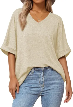 Women's Summer Tops Oversized Tshirts Half Sleeve Loose Fit V Neck Casual Blouse Tee 2024