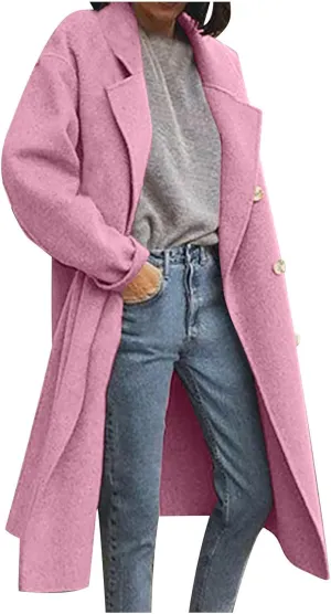 Womens Trench Coat Fall Winter Wool Coats Notch Lapel Double Breasted Oversized Midi Peacoat Trench Coats