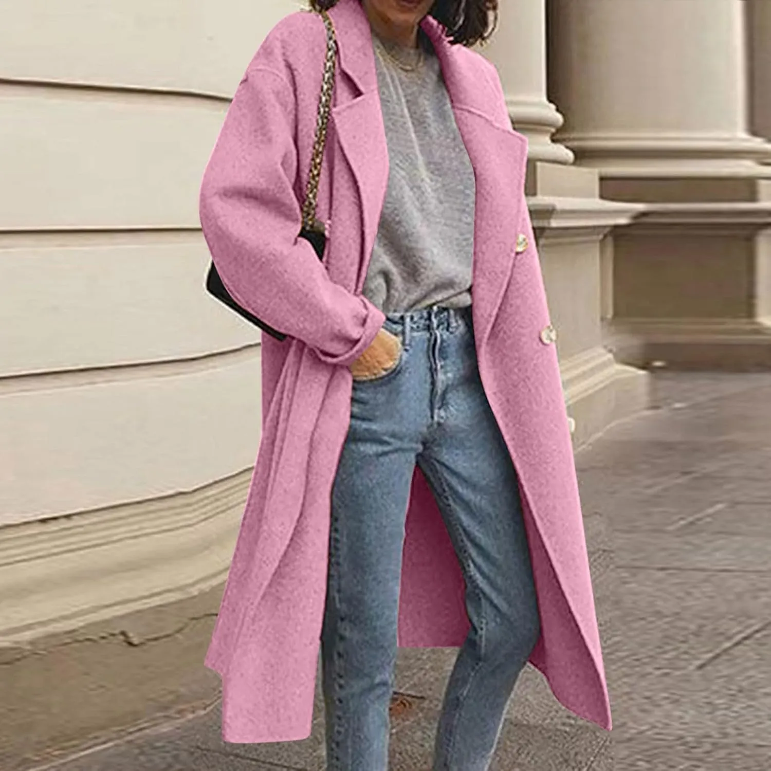 Womens Trench Coat Fall Winter Wool Coats Notch Lapel Double Breasted Oversized Midi Peacoat Trench Coats