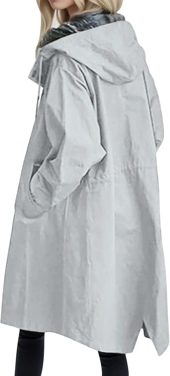 Womens Trench Coat Lightweight Raincoat Waterproof Long Hooded Trench Coat Lined Plus Size Windbreaker Elegant Jacket