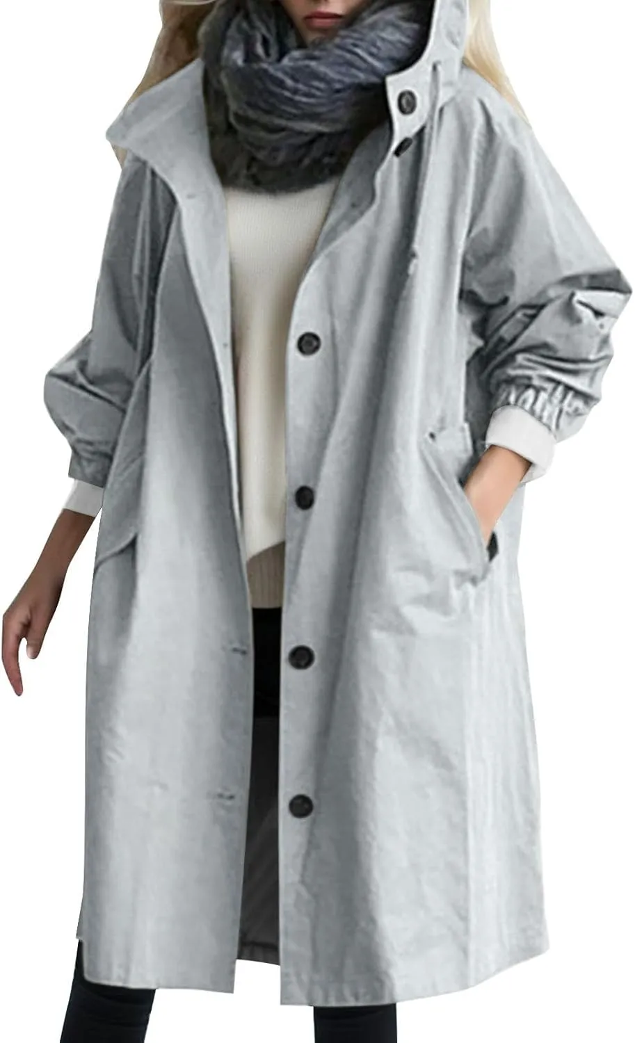 Womens Trench Coat Lightweight Raincoat Waterproof Long Hooded Trench Coat Lined Plus Size Windbreaker Elegant Jacket