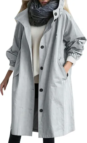 Womens Trench Coat Lightweight Raincoat Waterproof Long Hooded Trench Coat Lined Plus Size Windbreaker Elegant Jacket