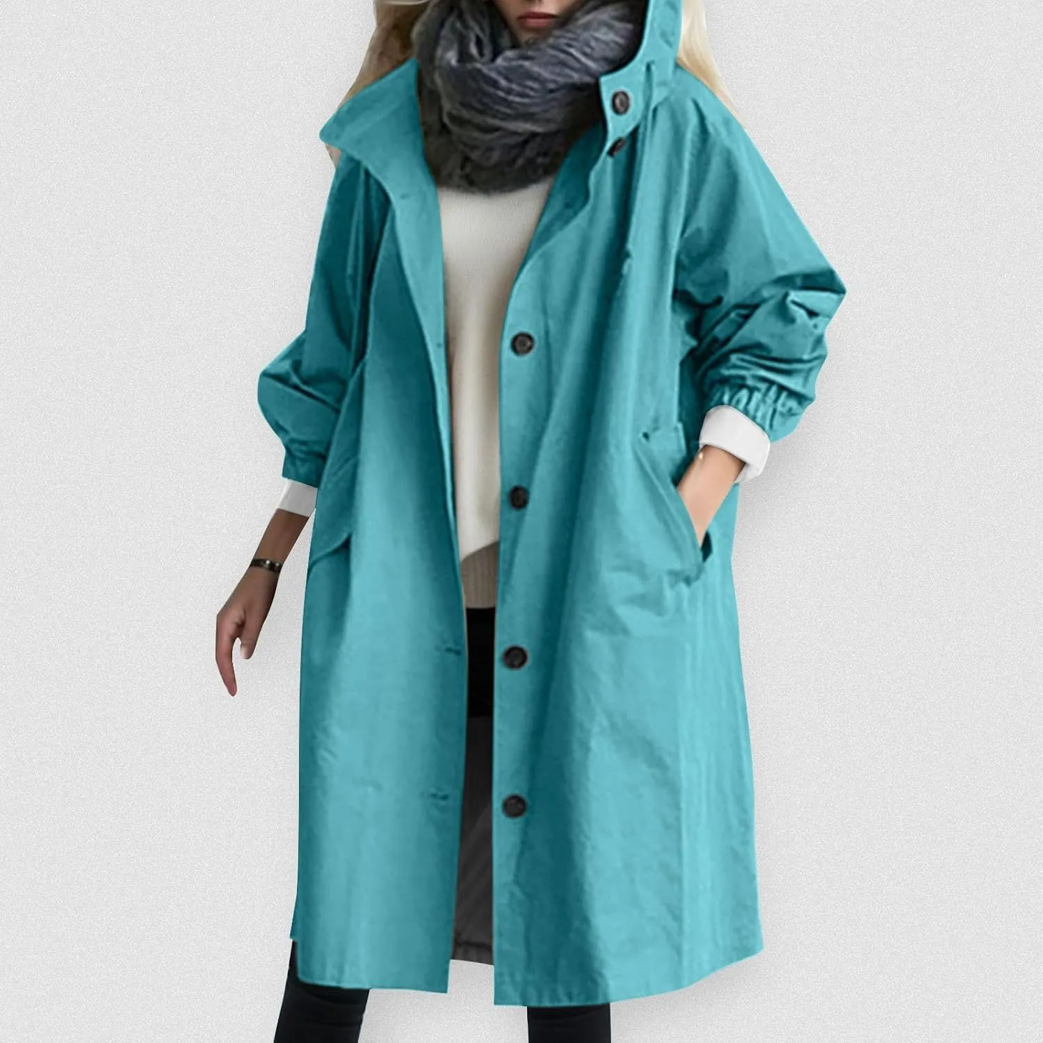 Womens Trench Coat Plus Size Waterproof Raincoat Lightweight Long Hooded Pea Coat Lined Windbreaker Elegant Jacket