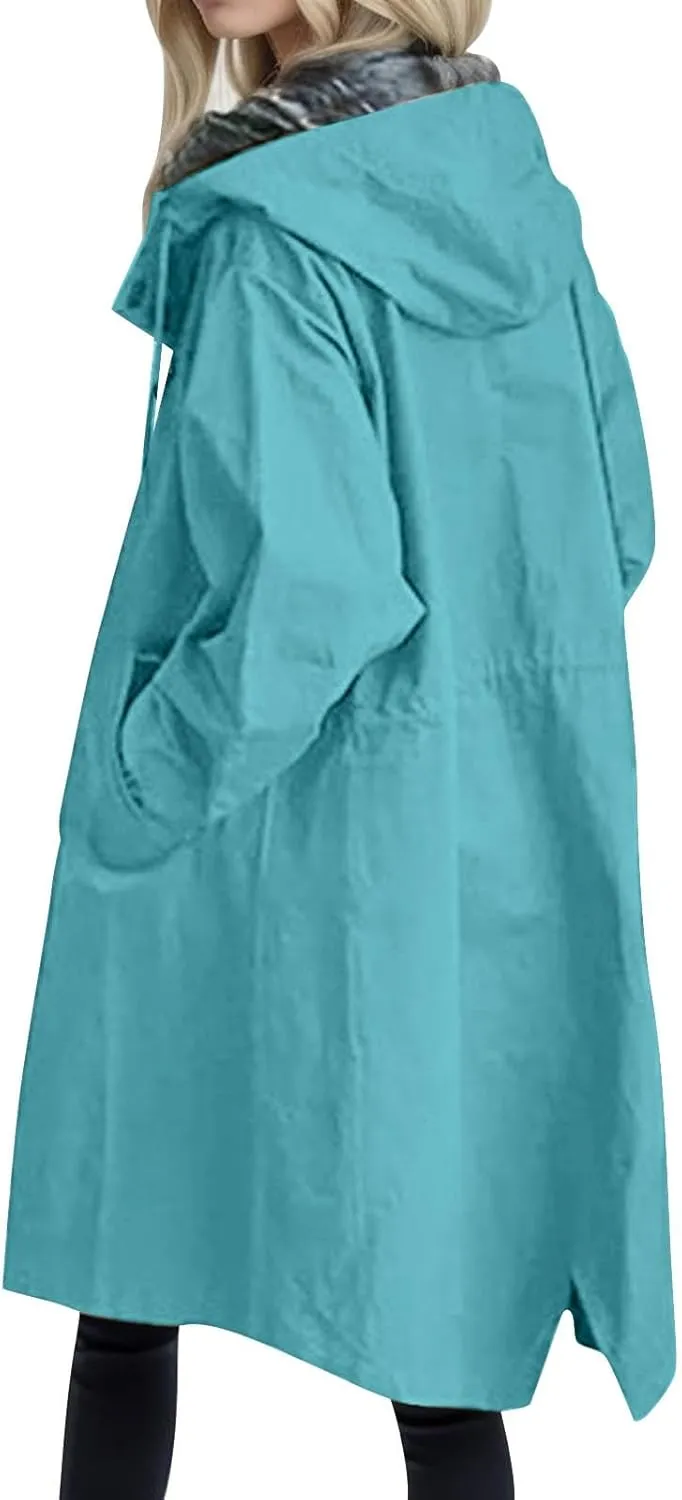 Womens Trench Coat Plus Size Waterproof Raincoat Lightweight Long Hooded Pea Coat Lined Windbreaker Elegant Jacket