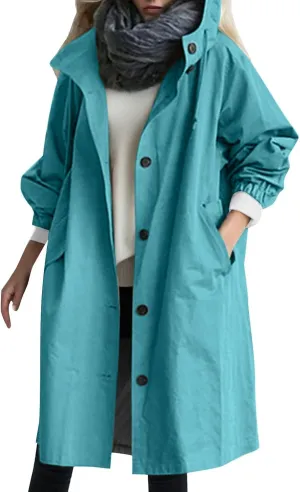 Womens Trench Coat Plus Size Waterproof Raincoat Lightweight Long Hooded Pea Coat Lined Windbreaker Elegant Jacket