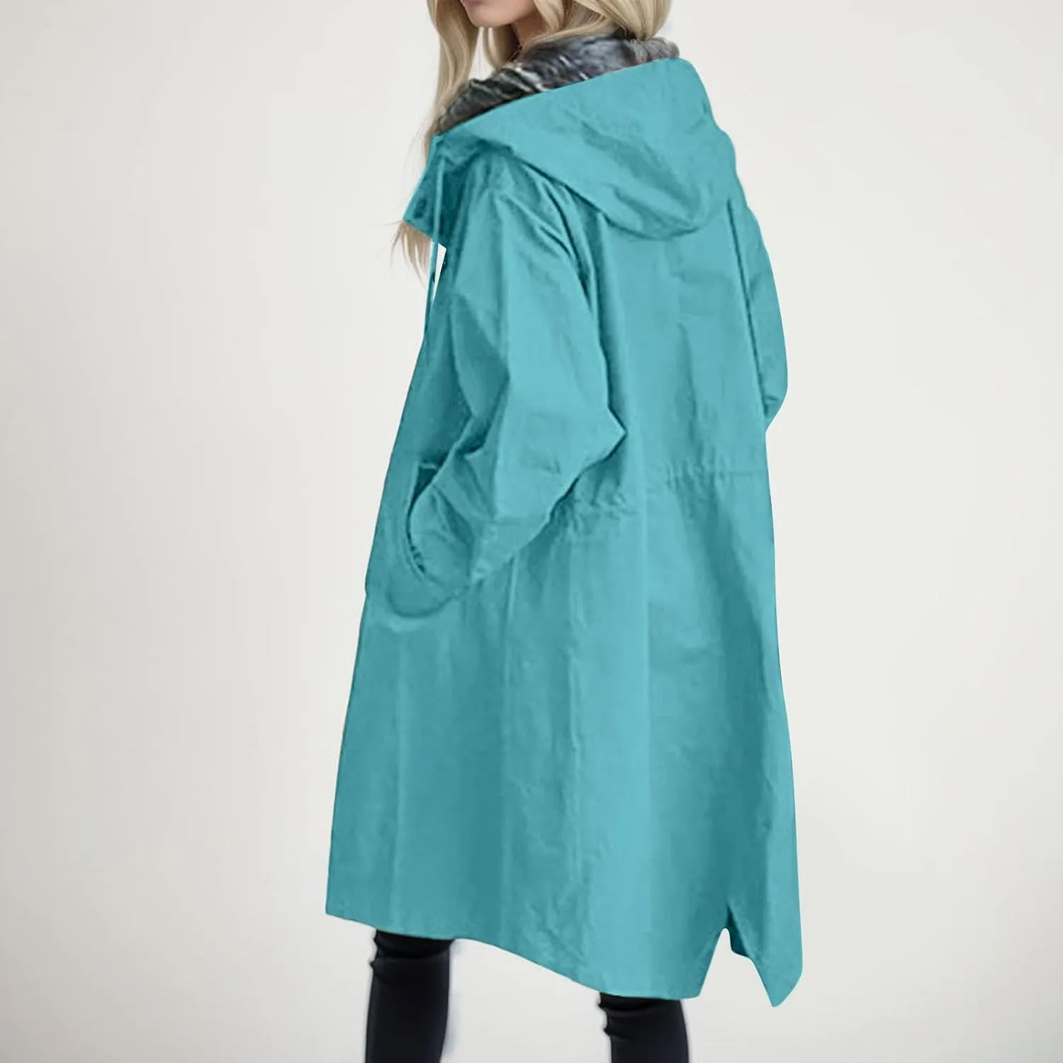 Womens Trench Coat Plus Size Waterproof Raincoat Lightweight Long Hooded Pea Coat Lined Windbreaker Elegant Jacket