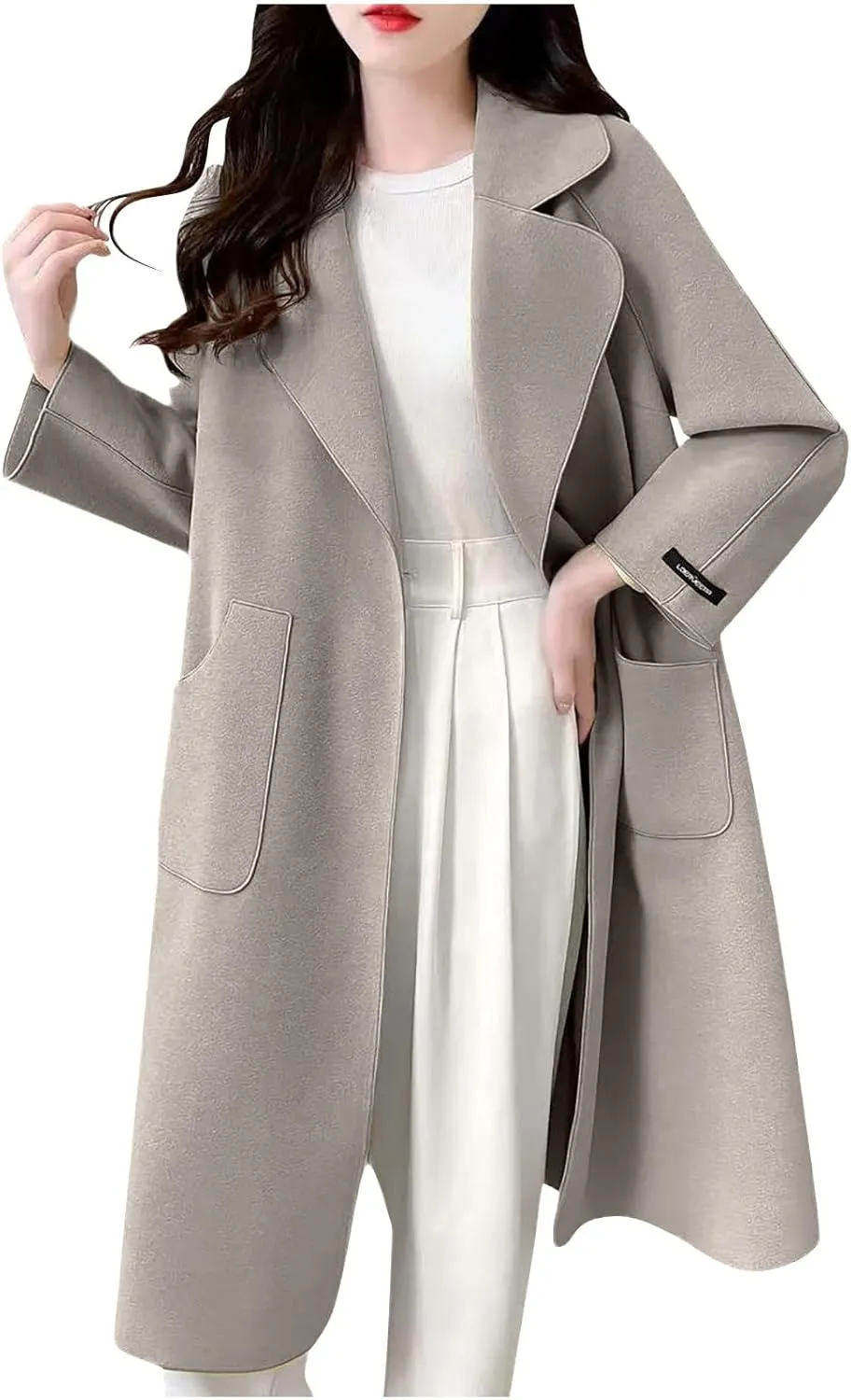 Women's Trench Coats Long Wool Blend Jacket Lapel Long Sleeve Solid Color Warm Overcoat Fall Winter Casual Outerwear