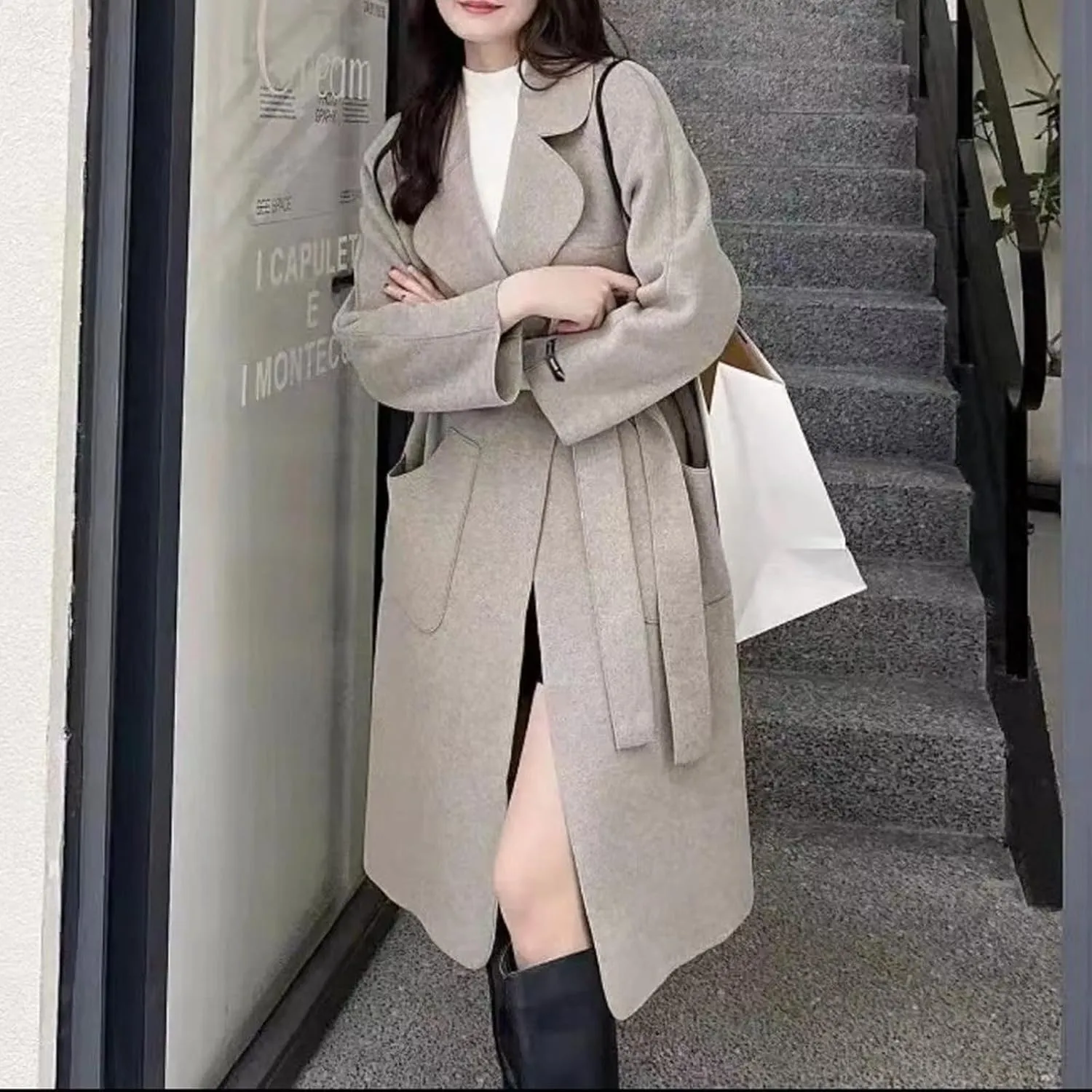 Women's Trench Coats Long Wool Blend Jacket Lapel Long Sleeve Solid Color Warm Overcoat Fall Winter Casual Outerwear
