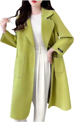 Women's Trench Coats Long Wool Blend Jacket Lapel Long Sleeve Solid Color Warm Overcoat Fall Winter Casual Outerwear