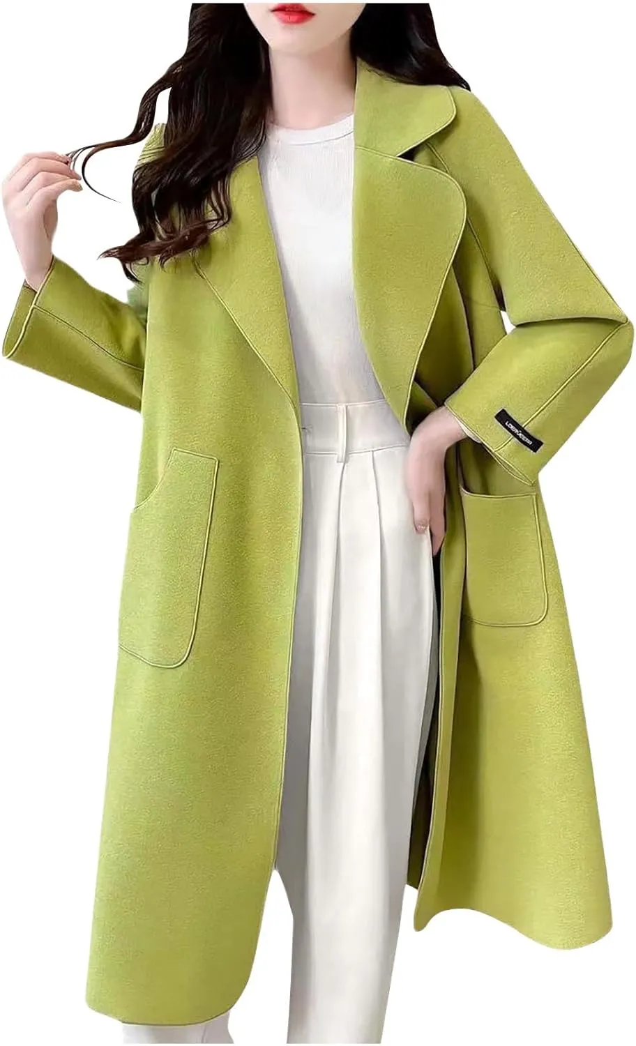 Women's Trench Coats Long Wool Blend Jacket Lapel Long Sleeve Solid Color Warm Overcoat Fall Winter Casual Outerwear