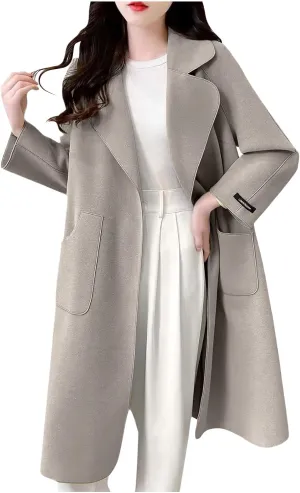 Women's Trench Coats Long Wool Blend Jacket Lapel Long Sleeve Solid Color Warm Overcoat Fall Winter Casual Outerwear
