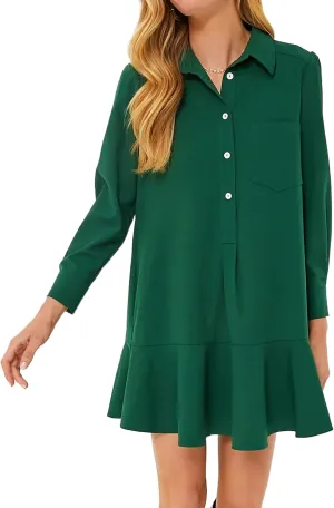 Women's Tunic Shirt Mini Dress Long Sleeve Cotton Drop Waist Collar Short Dress Button Up Ruffle Hem Shift Dresses