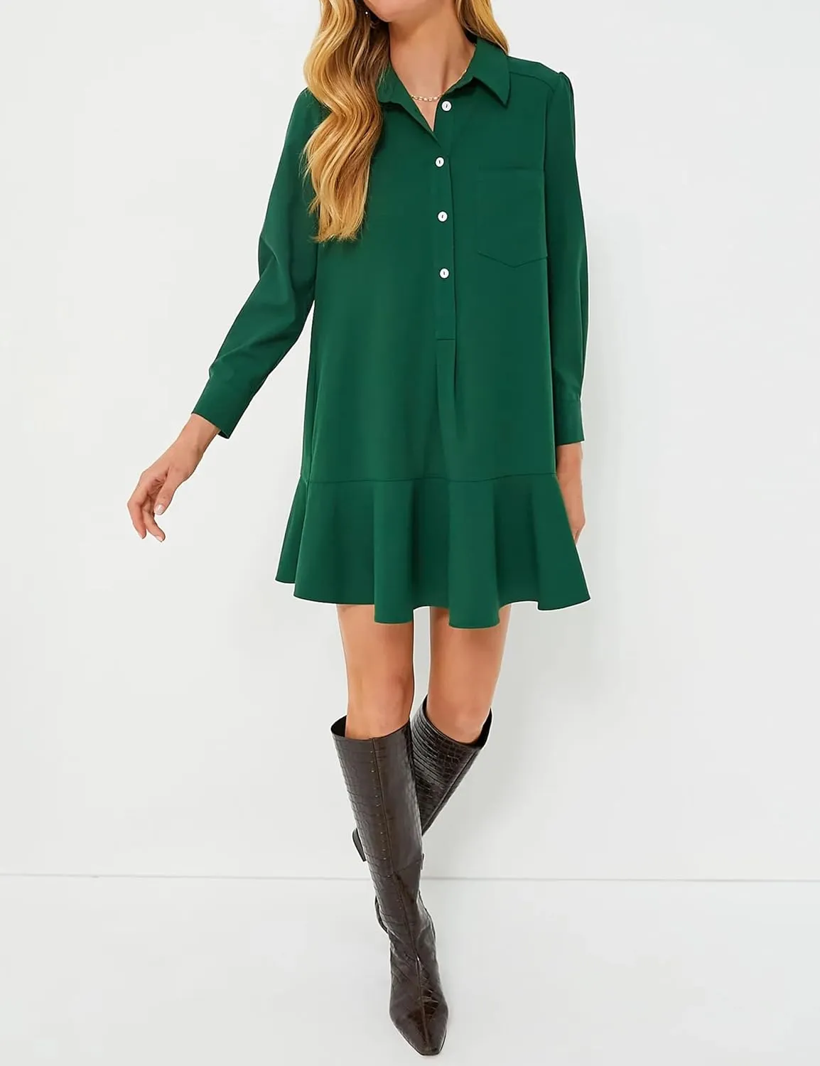 Women's Tunic Shirt Mini Dress Long Sleeve Cotton Drop Waist Collar Short Dress Button Up Ruffle Hem Shift Dresses