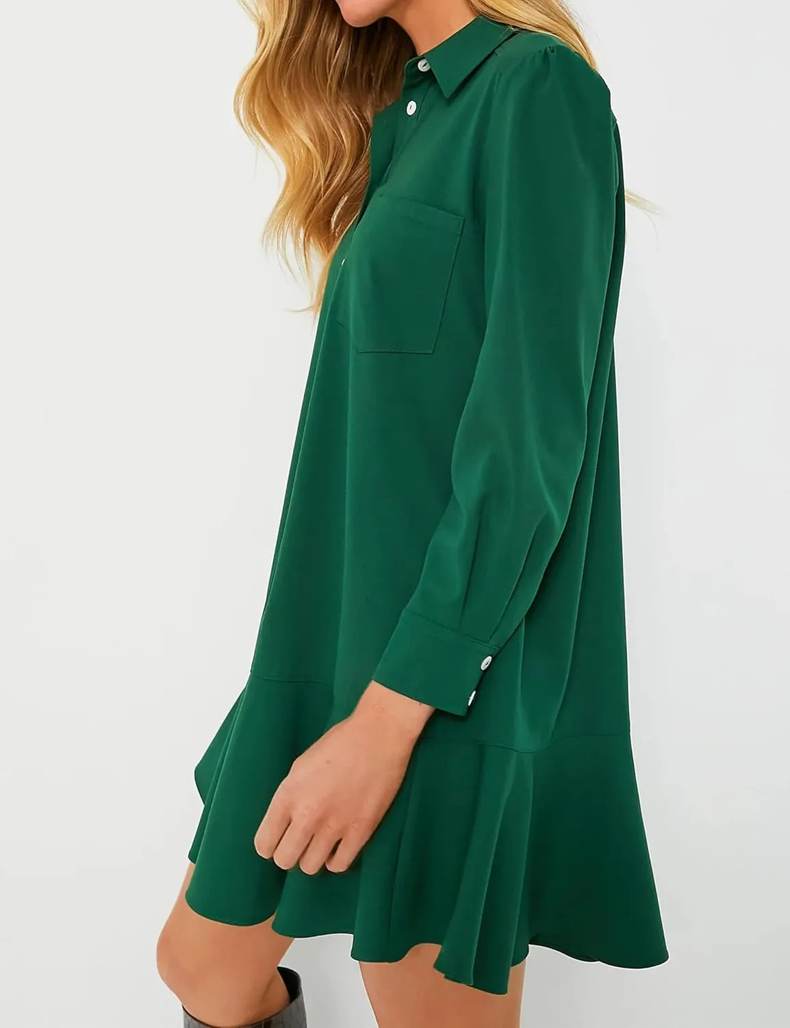 Women's Tunic Shirt Mini Dress Long Sleeve Cotton Drop Waist Collar Short Dress Button Up Ruffle Hem Shift Dresses