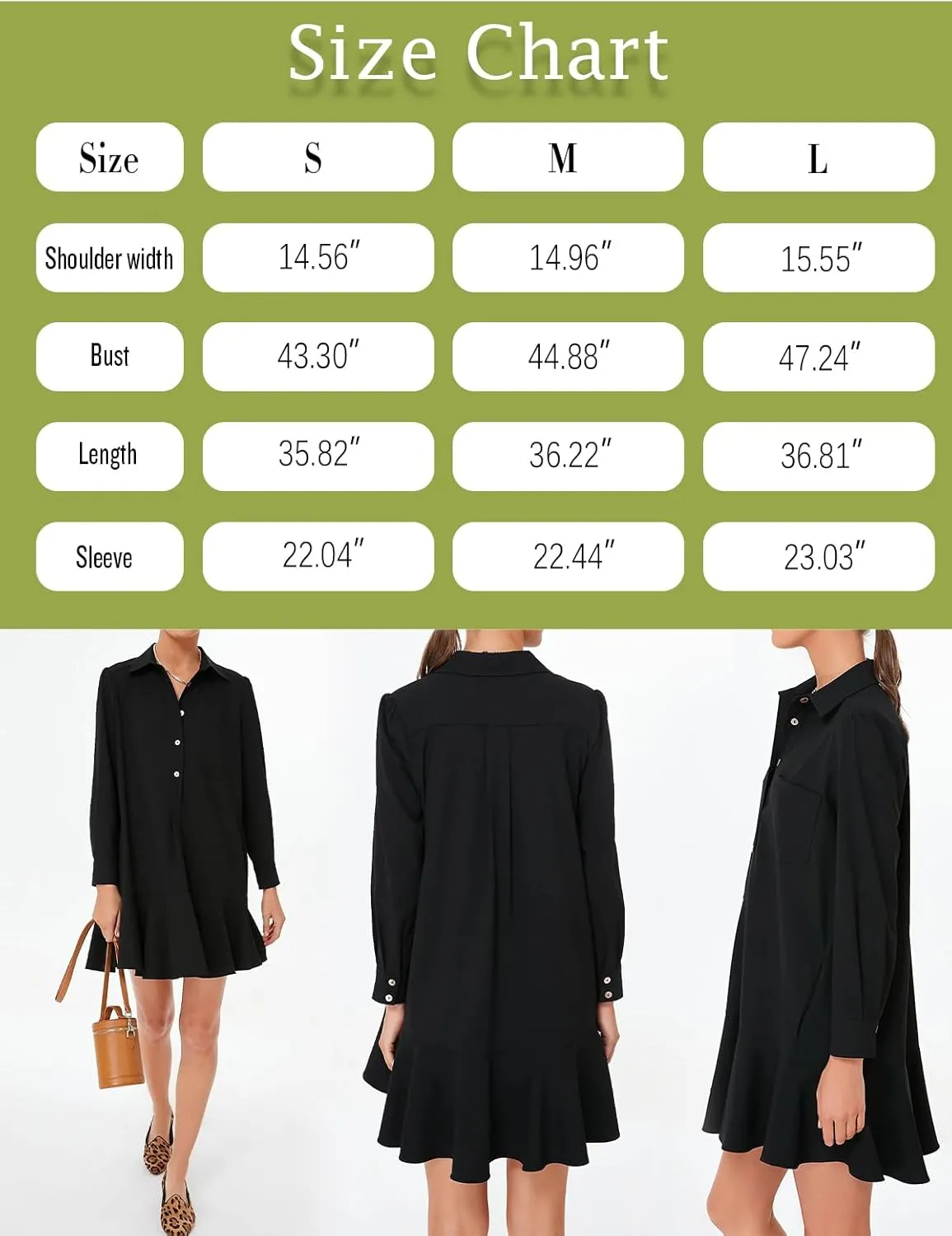 Women's Tunic Shirt Mini Dress Long Sleeve Cotton Drop Waist Collar Short Dress Button Up Ruffle Hem Shift Dresses