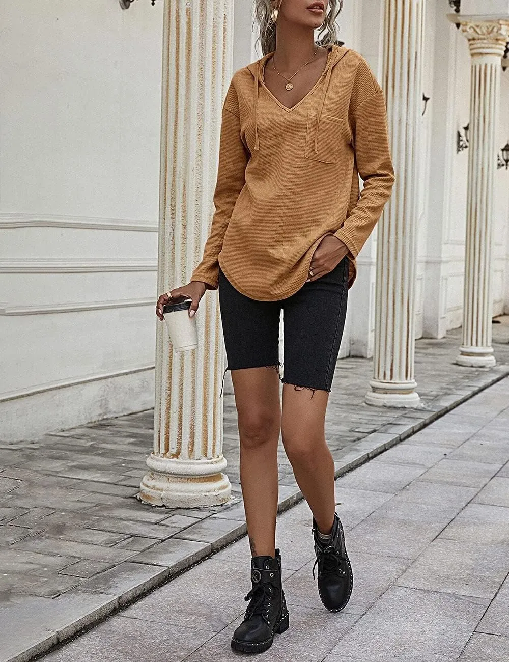 Women's V Neck Hoodies Long Sleeve Sweatshirt Drawstring Pullover Tops with Pocket