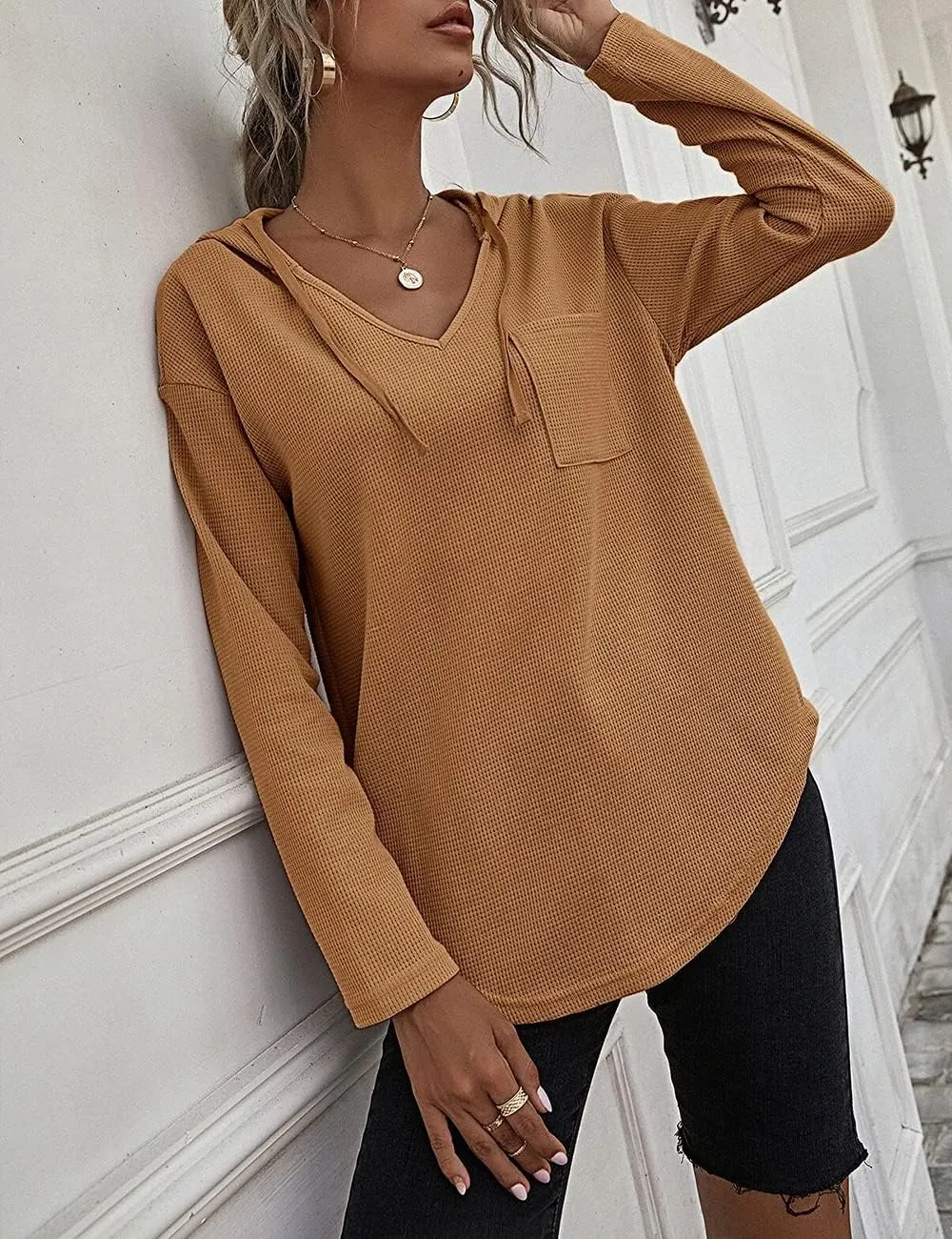 Women's V Neck Hoodies Long Sleeve Sweatshirt Drawstring Pullover Tops with Pocket