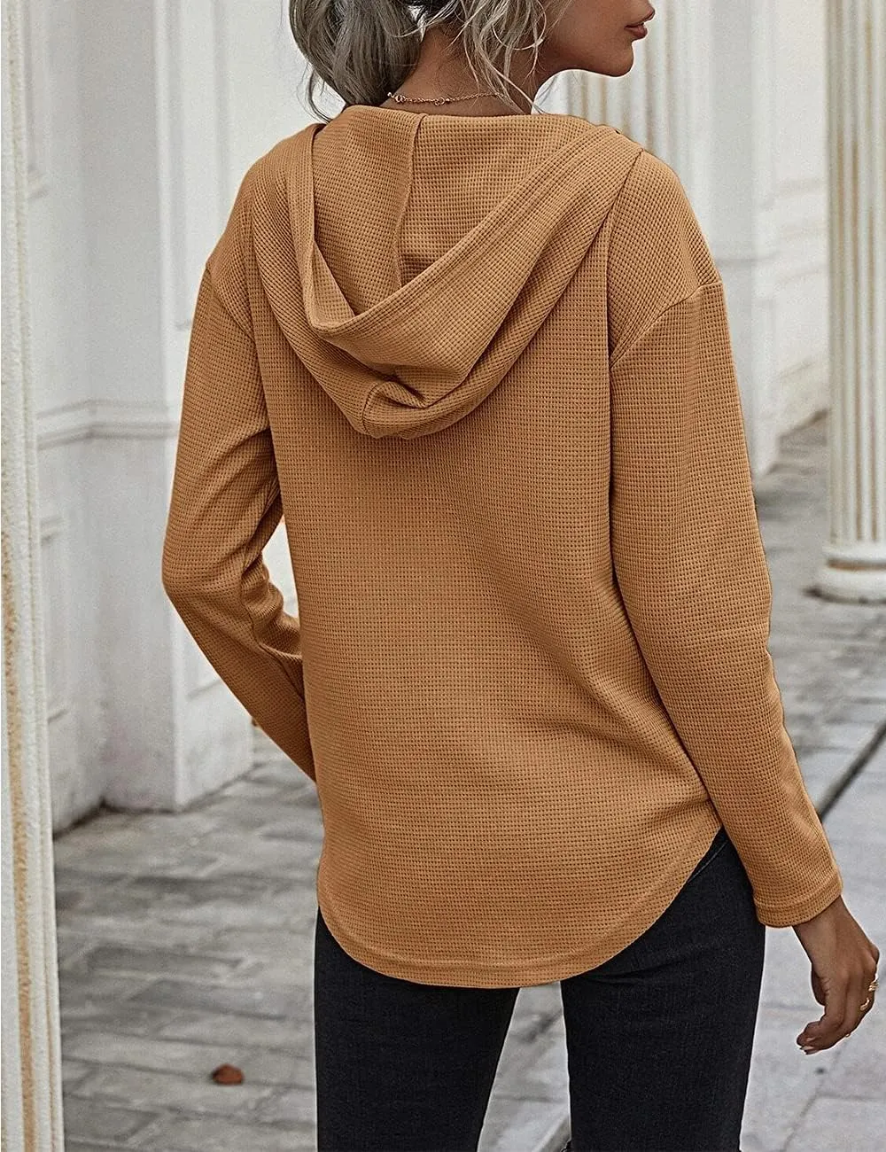 Women's V Neck Hoodies Long Sleeve Sweatshirt Drawstring Pullover Tops with Pocket