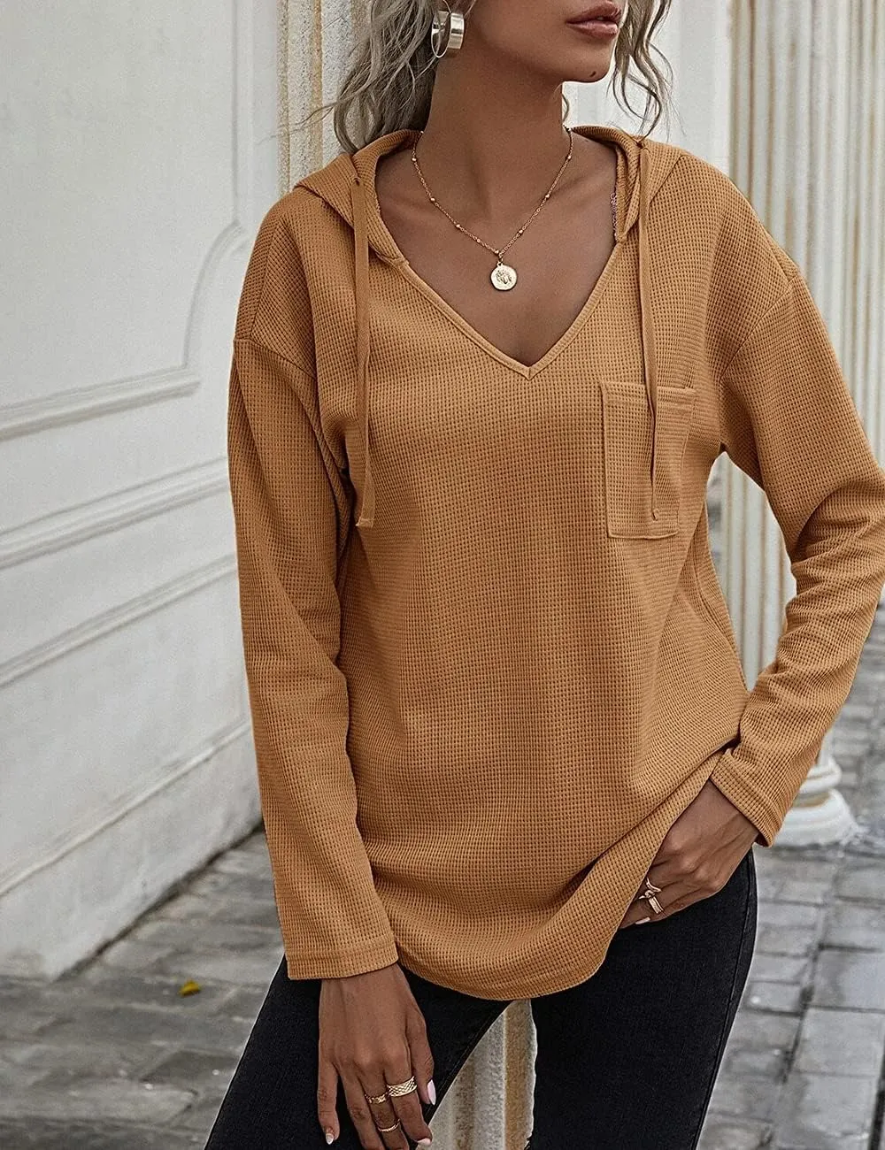 Women's V Neck Hoodies Long Sleeve Sweatshirt Drawstring Pullover Tops with Pocket