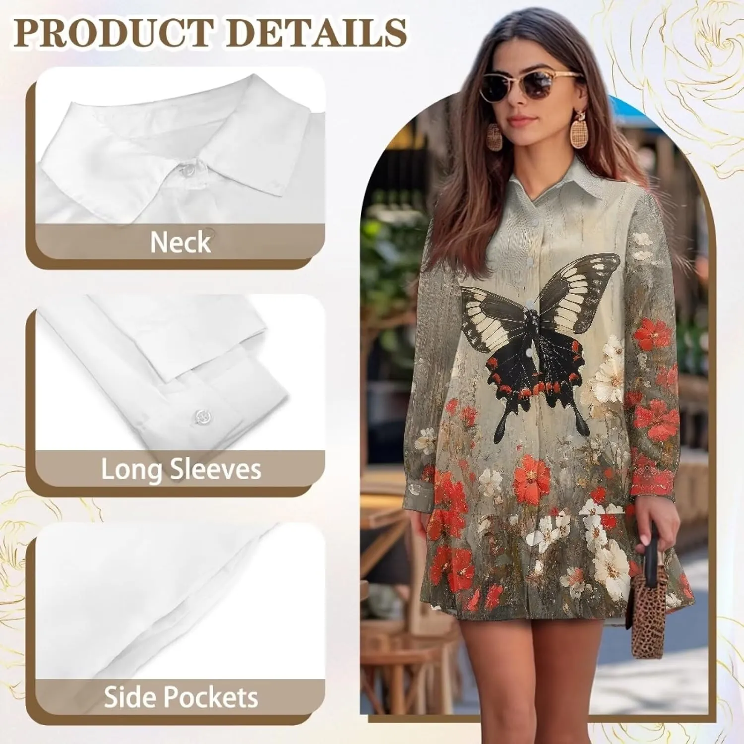 Women's V Neck Long Sleeve Shirt Dress Button Down Tunic Mini Shirt Dress with Pocket