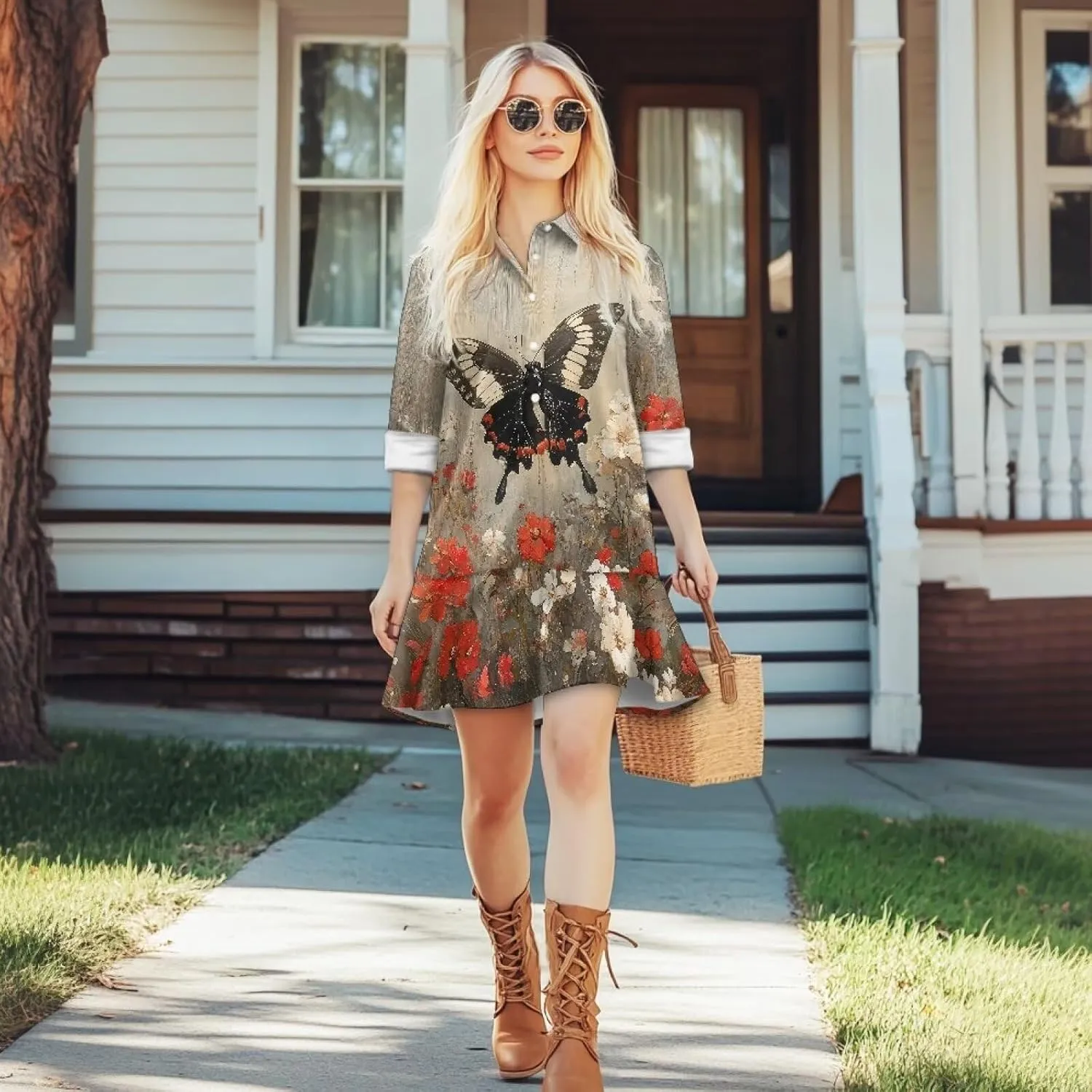 Women's V Neck Long Sleeve Shirt Dress Button Down Tunic Mini Shirt Dress with Pocket