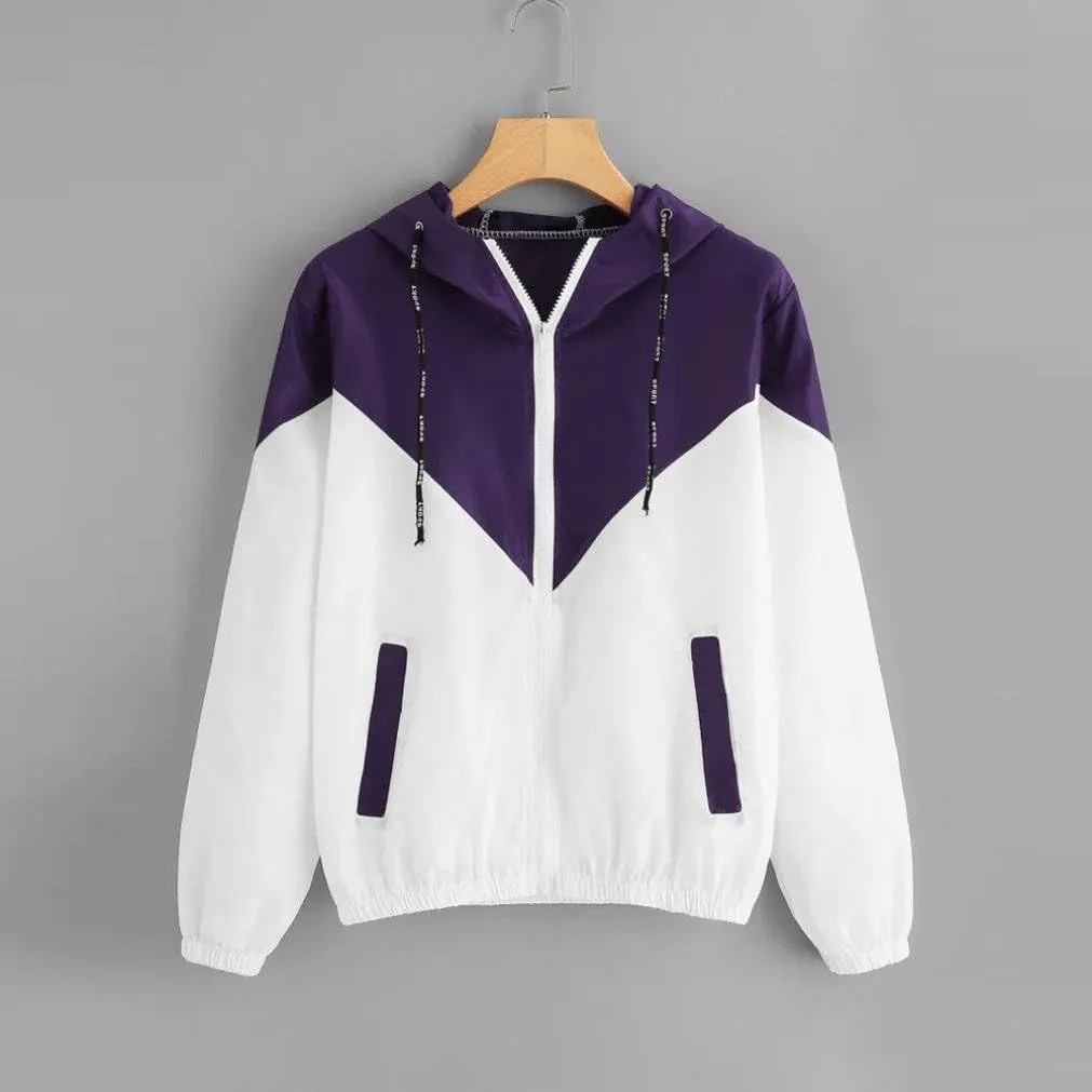 Womens Windbreaker Jacket Color Block Drawstring Hooded Sports Jacket Lightweight Outdoor Raincoat