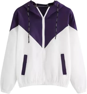 Womens Windbreaker Jacket Color Block Drawstring Hooded Sports Jacket Lightweight Outdoor Raincoat