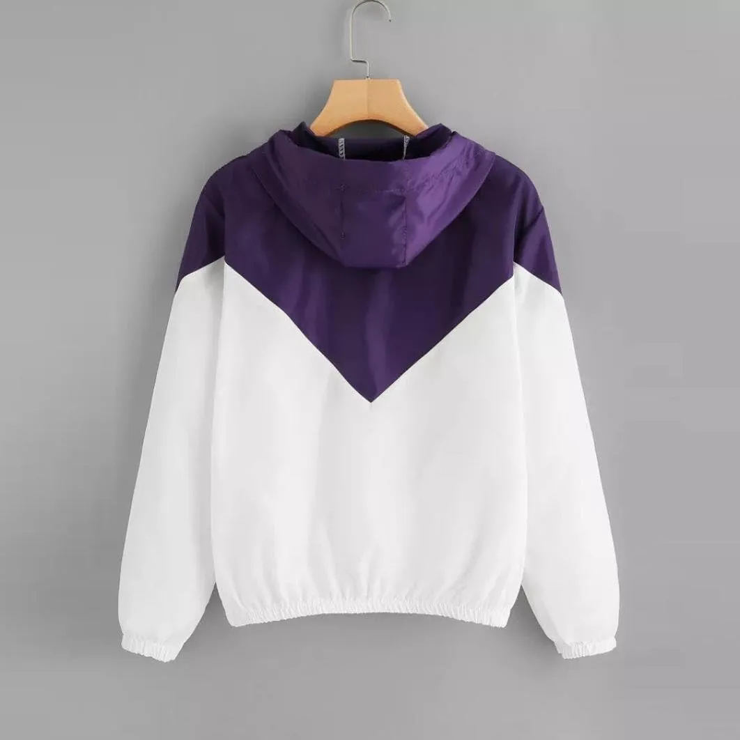 Womens Windbreaker Jacket Color Block Drawstring Hooded Sports Jacket Lightweight Outdoor Raincoat
