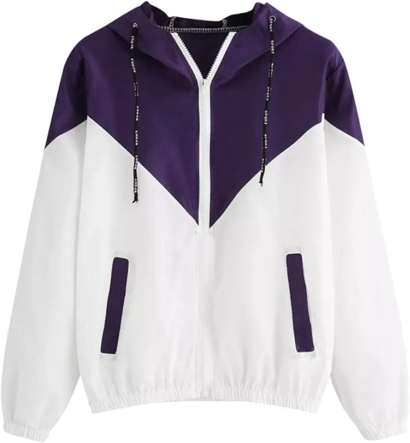 Womens Windbreaker Jacket Color Block Drawstring Hooded Sports Jacket Lightweight Outdoor Raincoat