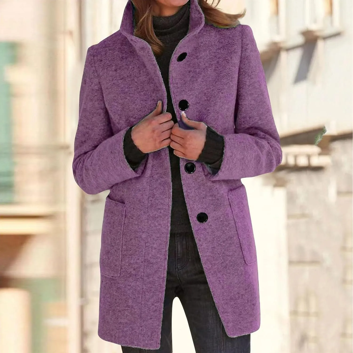 Womens Winter Long Pea Coats Wool Blend Peacoat Thicken Blazer Stand Collar Single Breasted Wool Coats 2024