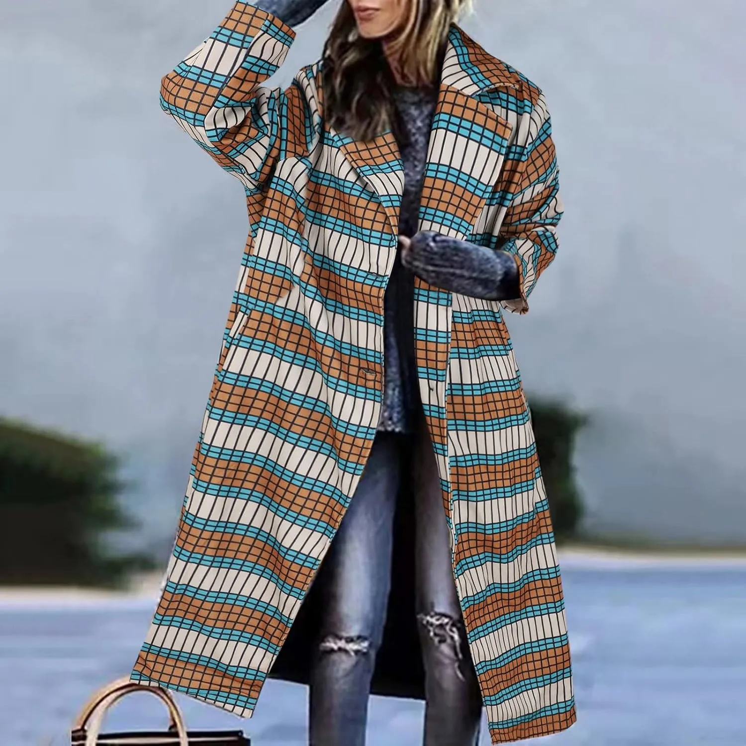 Women's Winter Wool Coat Casual Down Lapel Plush Plaid Coat Loose Long Coat Coat for Women Woman Coat Women's