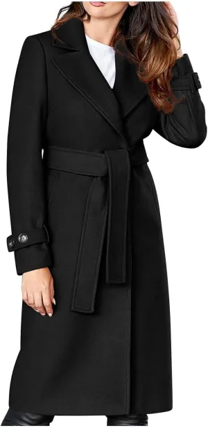 Womens Wool Blend Trench Coats Belted Notched Lapel Collar Overcoats Business Casual Long Sleeve Fashion Jackets