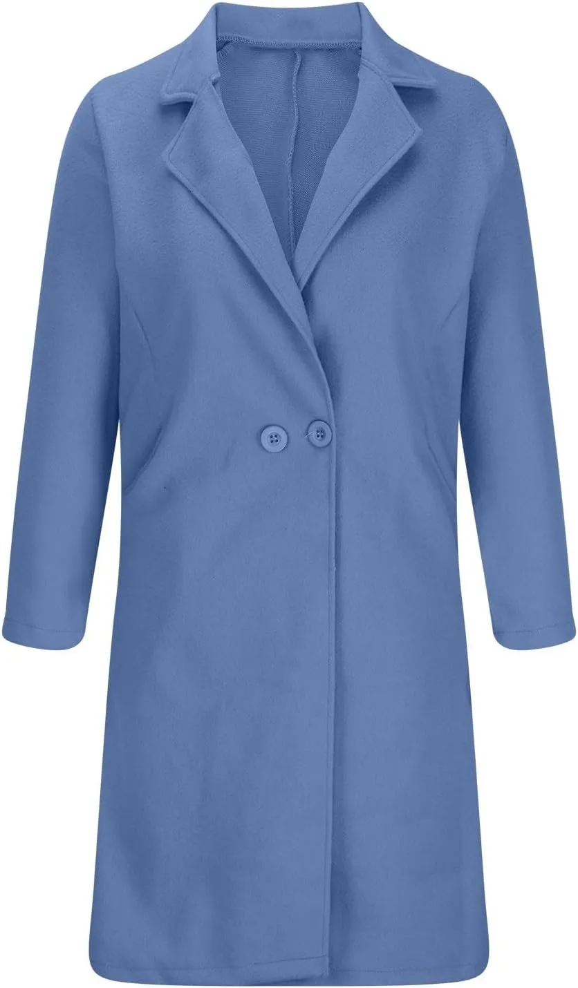 Womens Wool Blend Trench Coats Notched Lapel Collar Slim Fit Pea Coat Long Sleeve Business Casual Knee Length Jacket