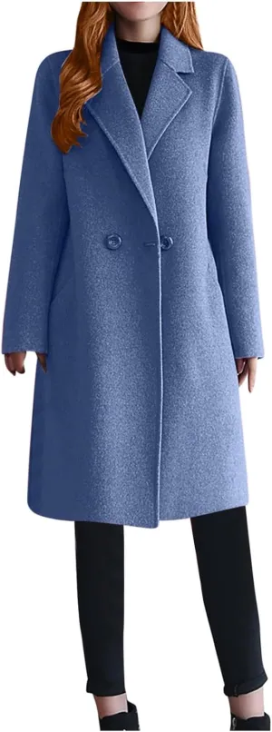 Womens Wool Blend Trench Coats Notched Lapel Collar Slim Fit Pea Coat Long Sleeve Business Casual Knee Length Jacket