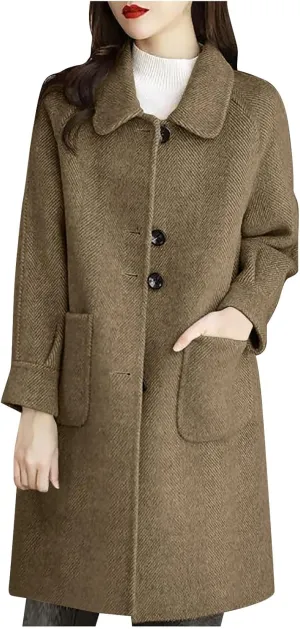 Women's Wool Coat Mid Length Dressy Single Breasted Pocket Trench Coat Fall Winter Solid Color Pea Coat Overcoat