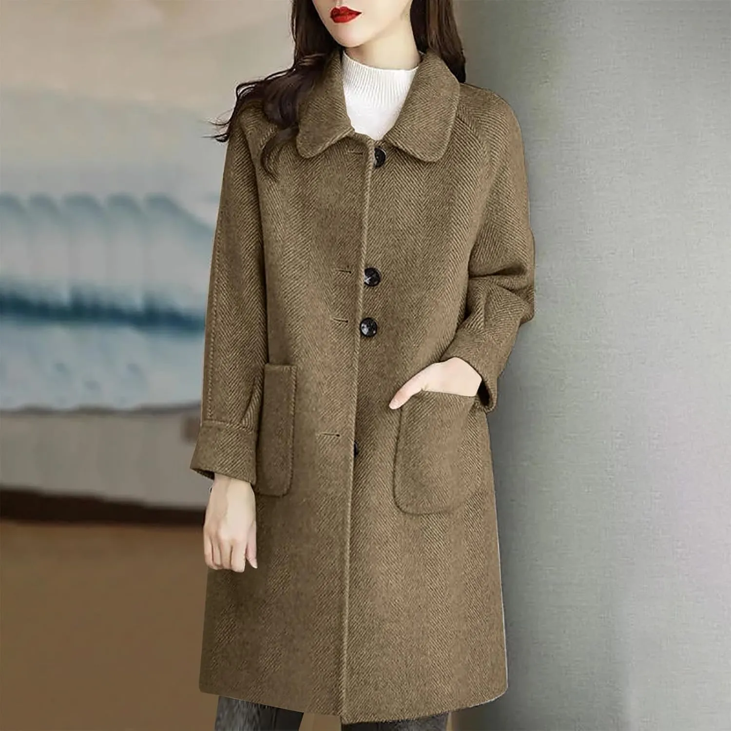 Women's Wool Coat Mid Length Dressy Single Breasted Pocket Trench Coat Fall Winter Solid Color Pea Coat Overcoat
