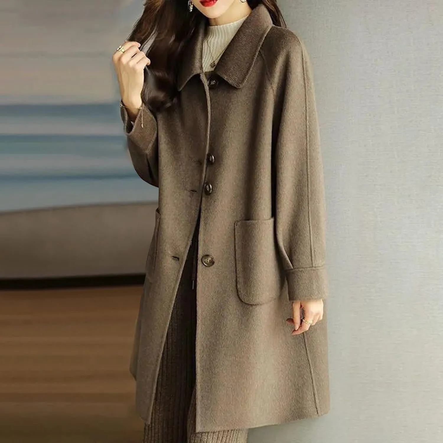 Women's Wool Coat Mid Length Dressy Single Breasted Pocket Trench Coat Fall Winter Solid Color Pea Coat Overcoat