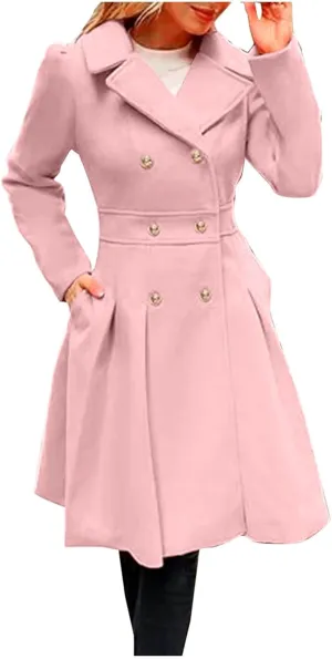 Women's Wool Coats Double Breasted Casual Notched Lapel Pea Coats Oversized Soft Warm Winter Trench Coat Outwear