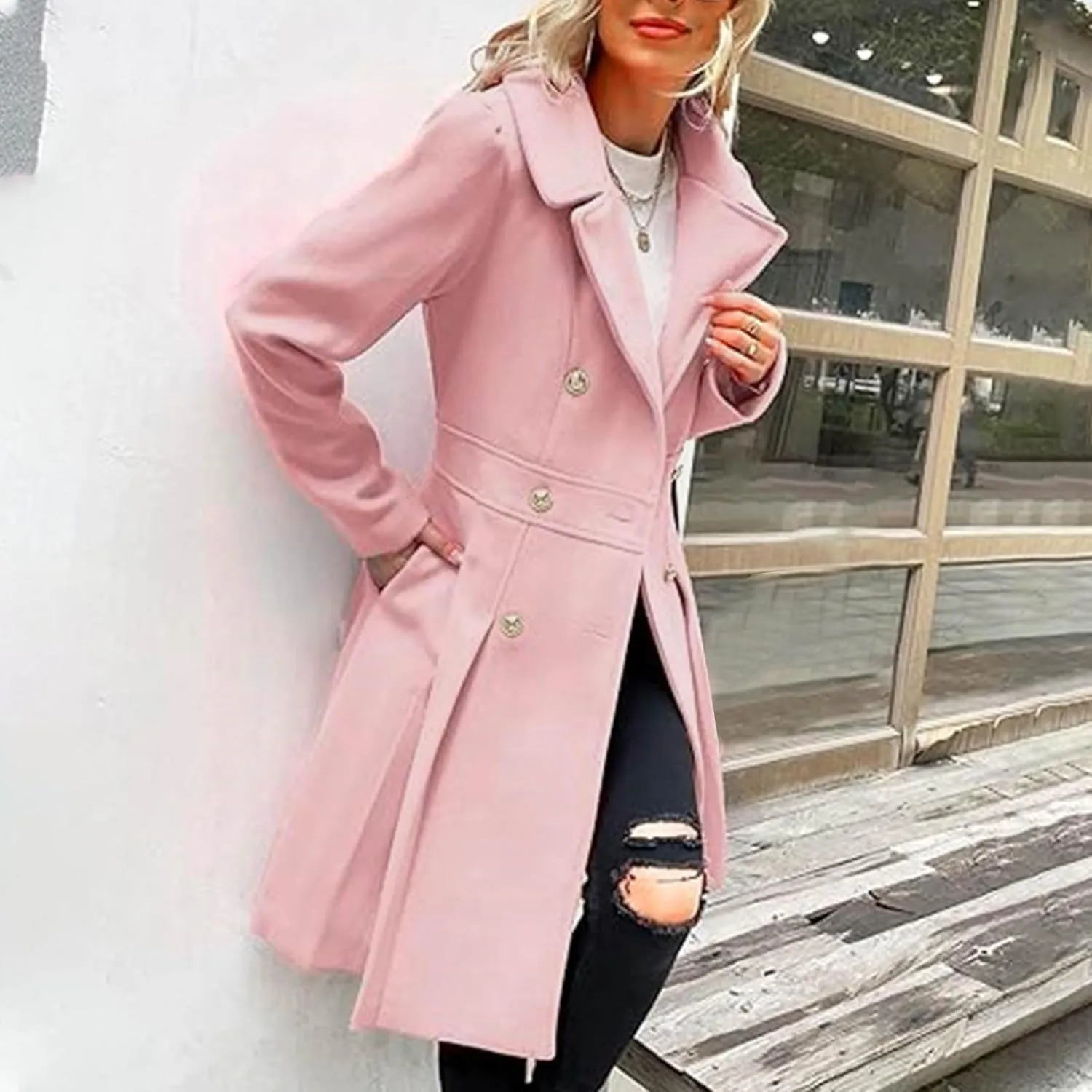 Women's Wool Coats Double Breasted Casual Notched Lapel Pea Coats Oversized Soft Warm Winter Trench Coat Outwear
