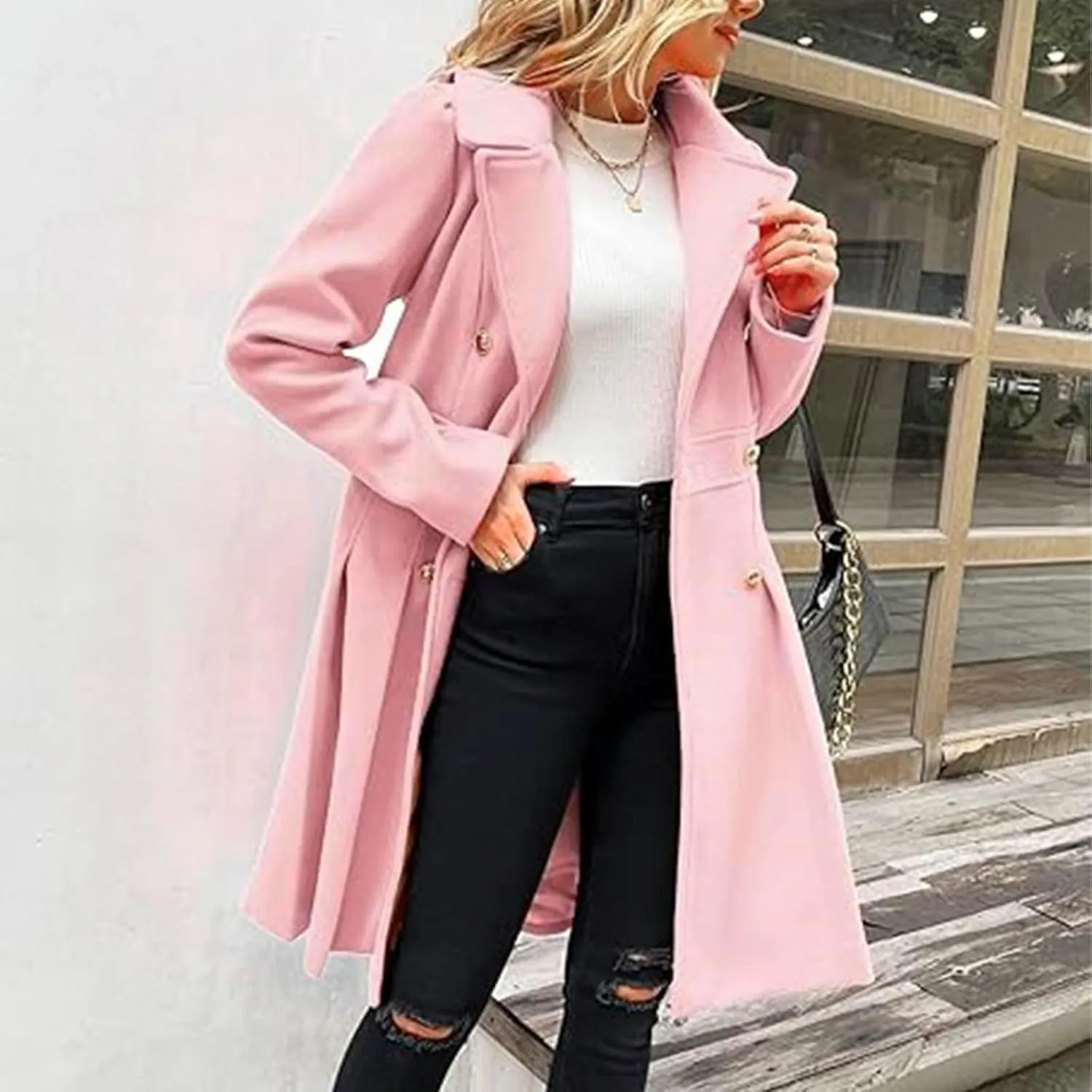 Women's Wool Coats Double Breasted Casual Notched Lapel Pea Coats Oversized Soft Warm Winter Trench Coat Outwear